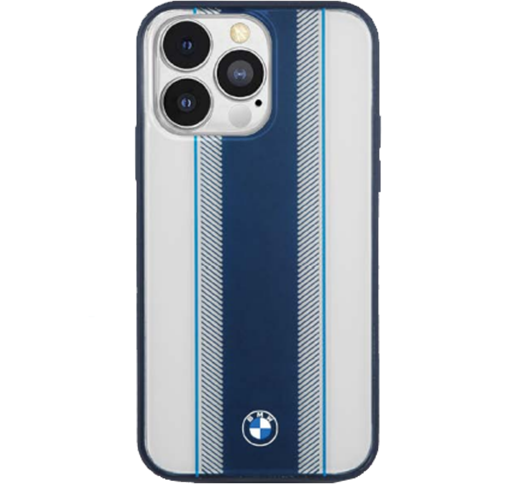 BMW iPhone 13 Pro Max PC Transparent Hard Case with Navy Stripe & Navy Edges